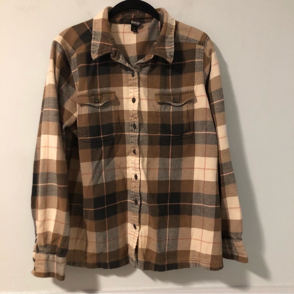 Patagonia Fjord Brown Plaid Long Sleeve Button Up Flannel Size 14
